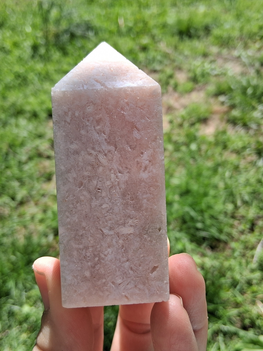 Pink Opal Four Sided Obelisk Carved Tower Point Smooth Crystal Specimen 3.5"